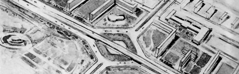 Sketch showing a flyover junction on the "B" Ring, with new apartment buildings and parkland around it. Click to enlarge