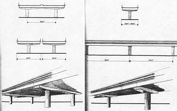 Architect's diagrams of the supports for the LIM mainline (left) and sliproads (right). Click to enlarge