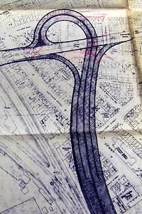 A trumpet interchange for the earliest version of the West Cross Route. Click to enlarge