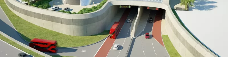 An artist's impression of the southern portal of the Silvertown Tunnel, complete with bus and HGV lanes. Click to enlarge
