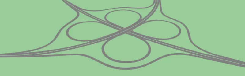 Drawing of a cloverleaf, based on Headless Cross Interchange in Redditch. Click to enlarge