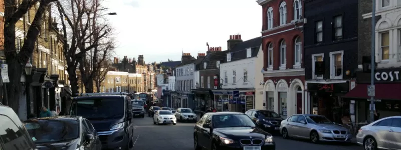 Blackheath village, with its jumble of Victorian buildings and narrow, twisting streets, remains picturesque despite the traffic. Most of the buildings on the right and all those in the distance would have been lost to the South Cross Route. Click to enlarge
