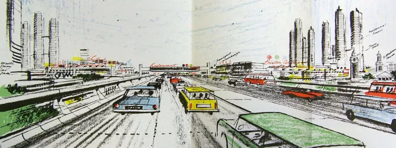 An artist's impression of Brixton town centre, post-redevelopment, seen from the South Cross Route. It massively underestimates the width of the motorway. Click to enlarge